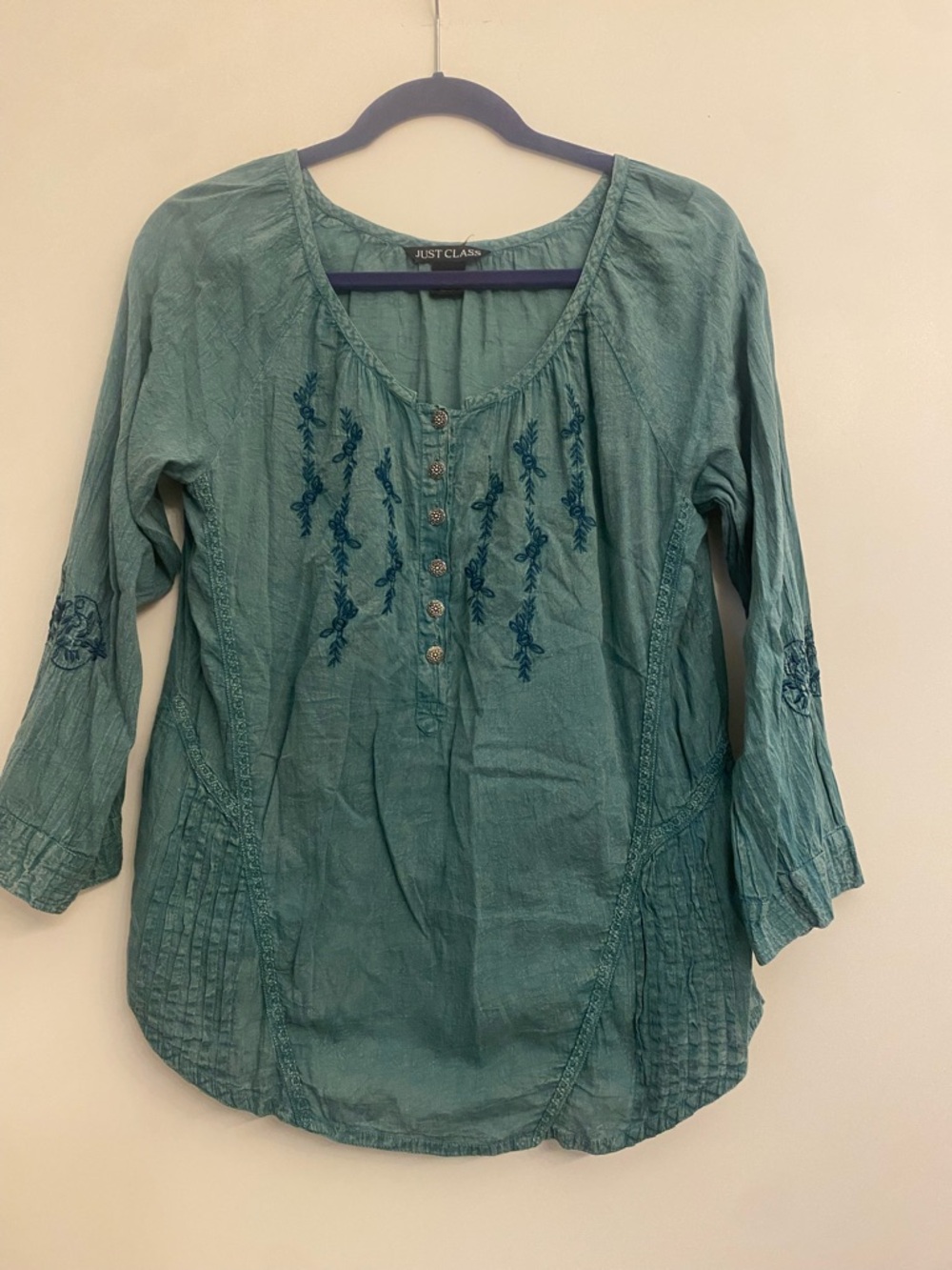 Just Class Green Embroidered Button Accent Cotton Tunic Blouse 3/4 Sleeve S